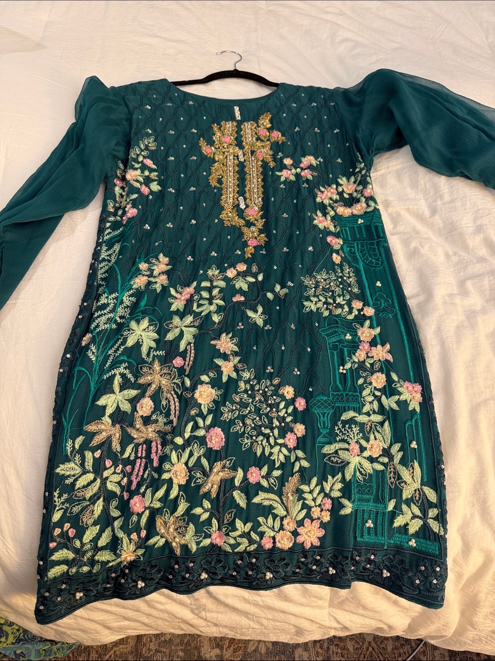 Moon Collection Teal Floral Embroidered Girls Dress